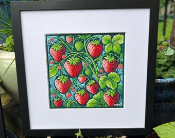Strawberry Art Print – 12x12 Framed Wall Decor – Vintage Botanical Fruit Illustration – Cottage Kitchen Art