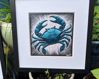 Crab Art Print – 12x12 Framed Coastal Kitchen Wall Decor – Maryland Blue Crab Illustration – Nautical Seafood Art