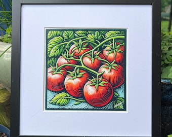 Tomato Art Print – 12x12 Framed Garden Kitchen Wall Decor – Ripe Red Heirloom Vegetable Illustration – Farmhouse Botanical Food Art