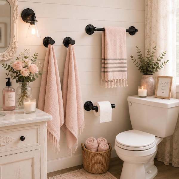 Set di accessori da bagno rustici / Portasciugamani, ganci e portarotolo in stile industriale/farmhouse