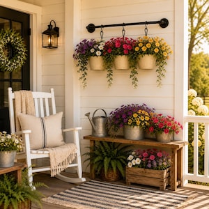 May include: A white rocking chair with a beige pillow and throw blanket sits on a porch. Above, three metal pots with colorful flowers hang from a black rod. A wooden bench holds a metal watering can, two metal planters, and a wooden crate with flowers.