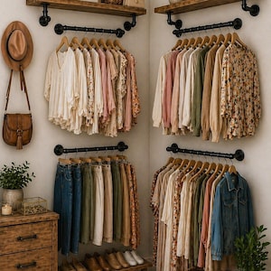 Puede incluir: Un armario bien organizado con ropa colgada en barras de metal negro. La ropa incluye blusas, vestidos y jeans en colores neutros. Estantes de madera sostienen plantas, un sombrero y una bolsa. El texto en la pared dice "BE YOUR OWN KIND OF BEAUTIFUL."