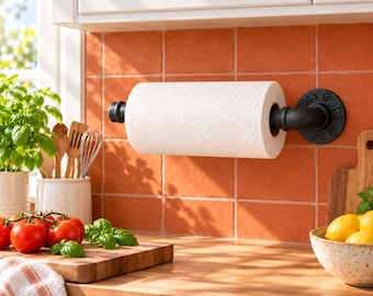 May include: A wall-mounted paper towel holder made of black industrial pipe fittings, featuring a circular flange base with visible text and screw holes, holding a roll of white paper towels against an orange tiled kitchen backsplash.