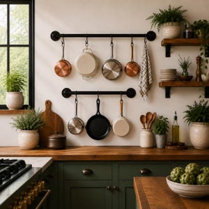 May include: Two black metal wall-mounted racks hold various cookware including copper, stainless steel, and cast iron pans. A checkered kitchen towel hangs from the top rack. Wooden cutting boards, ceramic pots with plants, and wooden spoons are present.