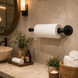 May include: A black, industrial-style paper towel holder mounted on a tiled wall. The holder features a roll of white paper towels. The bathroom setting includes a round mirror, a stone sink, and decorative elements like candles and plants.