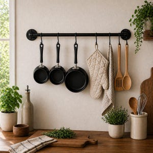 May include: A kitchen scene featuring a black metal hanging rack with three black frying pans, a beige oven mitt, a striped towel, and wooden utensils. The scene includes a wooden cutting board, potted plants, and a bottle.