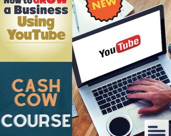 May include: A laptop computer with the YouTube logo on the screen. The laptop is open and a hand is typing on the keyboard. A red mug with black coffee is on the table next to the laptop. A red star with the word "NEW" is in the upper right corner of the image. The text "How to GROW a Business Using YouTube CASH COW COURSE" is in the upper left corner of the image. A PDF icon is in the lower right corner of the image.
