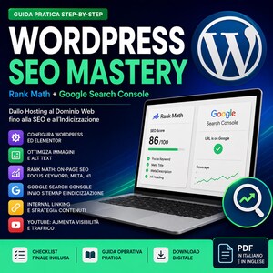 Könnte beinhalten: Ein digitaler Leitfaden mit dem Titel WordPress SEO Mastery, der einen Laptop mit den Benutzeroberflächen von Rank Math und Google Search Console zeigt. Die Grafik enthält eine Liste von SEO-Themen, ein WordPress-Logo und eine Lupe.