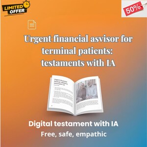 May include: An open book with the text "Urgent financial asvisor for terminal patients: testaments with IA" is displayed against an orange and blue gradient background. The book's pages show a photo of an elderly couple. The text "Digital testament with IA" is also visible.