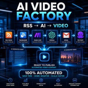 Può includere: Un'infografica digitale intitolata AI VIDEO FACTORY che mostra un flusso di lavoro automatizzato dai feed RSS alla creazione di video. Include icone per Inoreader, Make.com, OpenAI, Gmail e Pictory, con etichette per script e video generati.