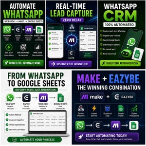 May include: A digital infographic display showcasing WhatsApp automation workflows using Eazybe, Make, and Google Sheets. The graphics feature flowcharts, smartphone mockups, and text labels detailing lead capture, CRM integration, and data synchronisation processes.
