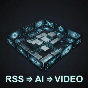 Può includere: Un'illustrazione digitale con una rete di schermi e blocchi interconnessi, con linee blu luminose. Il testo "RSS => AI => VIDEO" è visualizzato in basso, su uno sfondo scuro.