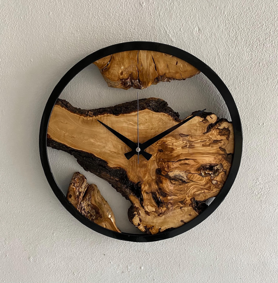 Custom Made Metal & Olive Wood Wall Clock, Large Wood Clock, Live Edge ...