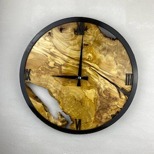 Custom Made Metal & Olive Wood Wall Clock, Large Wood Clock, Live Edge Rustic Clock, Wooden Wall Art, New Home Gift, Personalized Clock Gift
