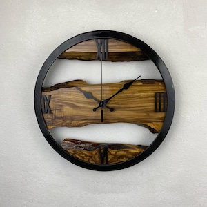 Custom Made Metal & Olive Wood Wall Clock, Large Wood Clock, Live Edge Rustic Clock, Wooden Wall Art, New Home Gift, Personalized Col Gift