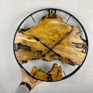 Custom Made Metal & Olive Wood Wall Clock, Large Wood Clock, Live Edge Rustic Clock, Wooden Wall Art, New Home Gift, Personalized Col Gift