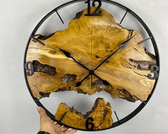 Custom Made Metal & Olive Wood Wall Clock, Large Wood Clock, Live Edge Rustic Clock, Wooden Wall Art, New Home Gift, Personalized Col Gift