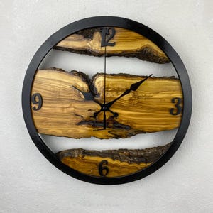 Custom Made Metal & Olive Wood Wall Clock, Large Wood Clock, Live Edge Rustic Clock, Wooden Wall Art, New Home Gift, Personalized Col Gift