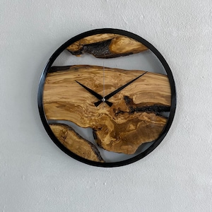 Custom Made Metal & Olive Wood Wall Clock, Large Wood Clock, Live Edge Rustic Clock, Wooden Wall Art, New Home Gift, Personalized Col Gift