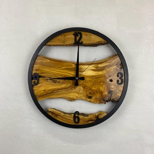 Custom Made Metal & Olive Wood Wall Clock, Large Wood Clock, Live Edge Rustic Clock, Wooden Wall Art, New Home Gift, Personalized Col Gift