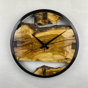 Custom Made Metal & Olive Wood Wall Clock, Large Wood Clock, Live Edge Rustic Clock, Wooden Wall Art, New Home Gift, Personalized Col Gift