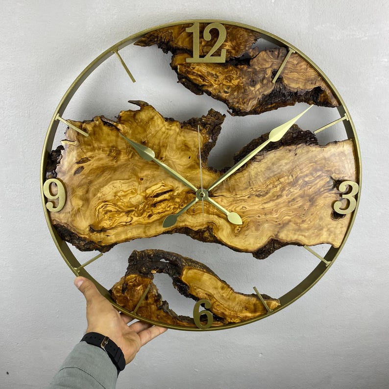Custom Made Metal & Olive Wood Wall Clock, Large Wood Clock, Live Edge ...