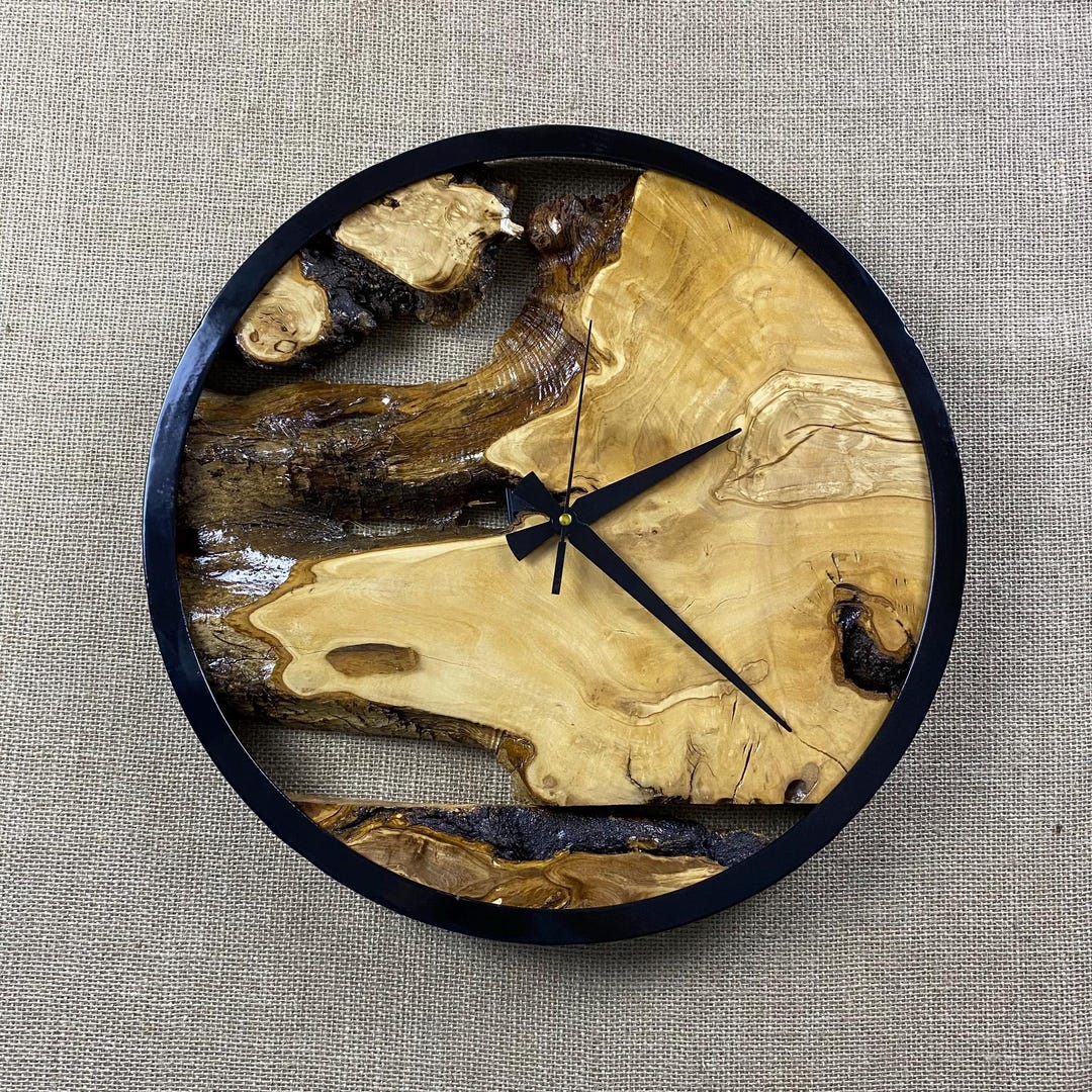 Custom Made Metal & Olive Wood Wall Clock, Large Wood Clock, Live Edge ...
