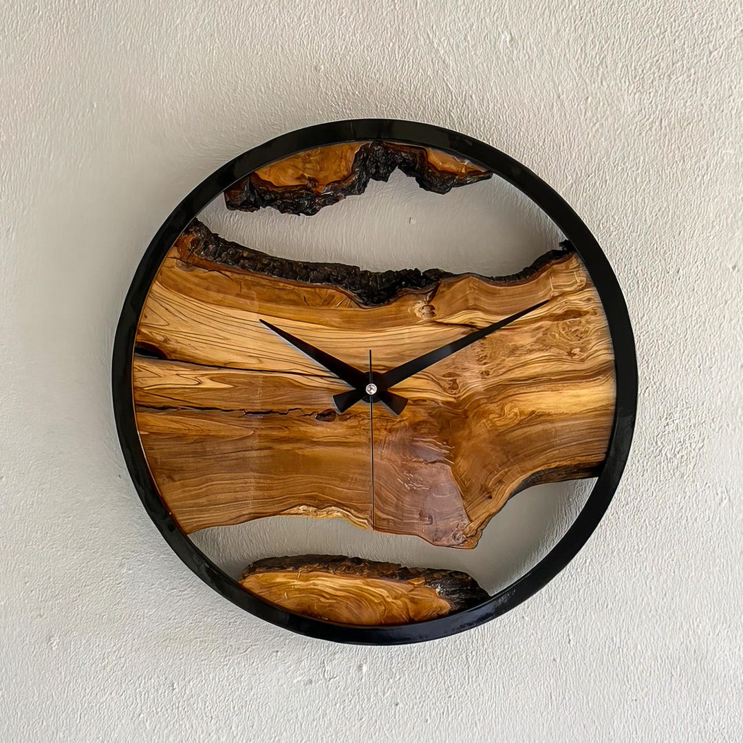 Custom Made Metal & Olive Wood Wall Clock, Large Wood Clock, Live Edge ...