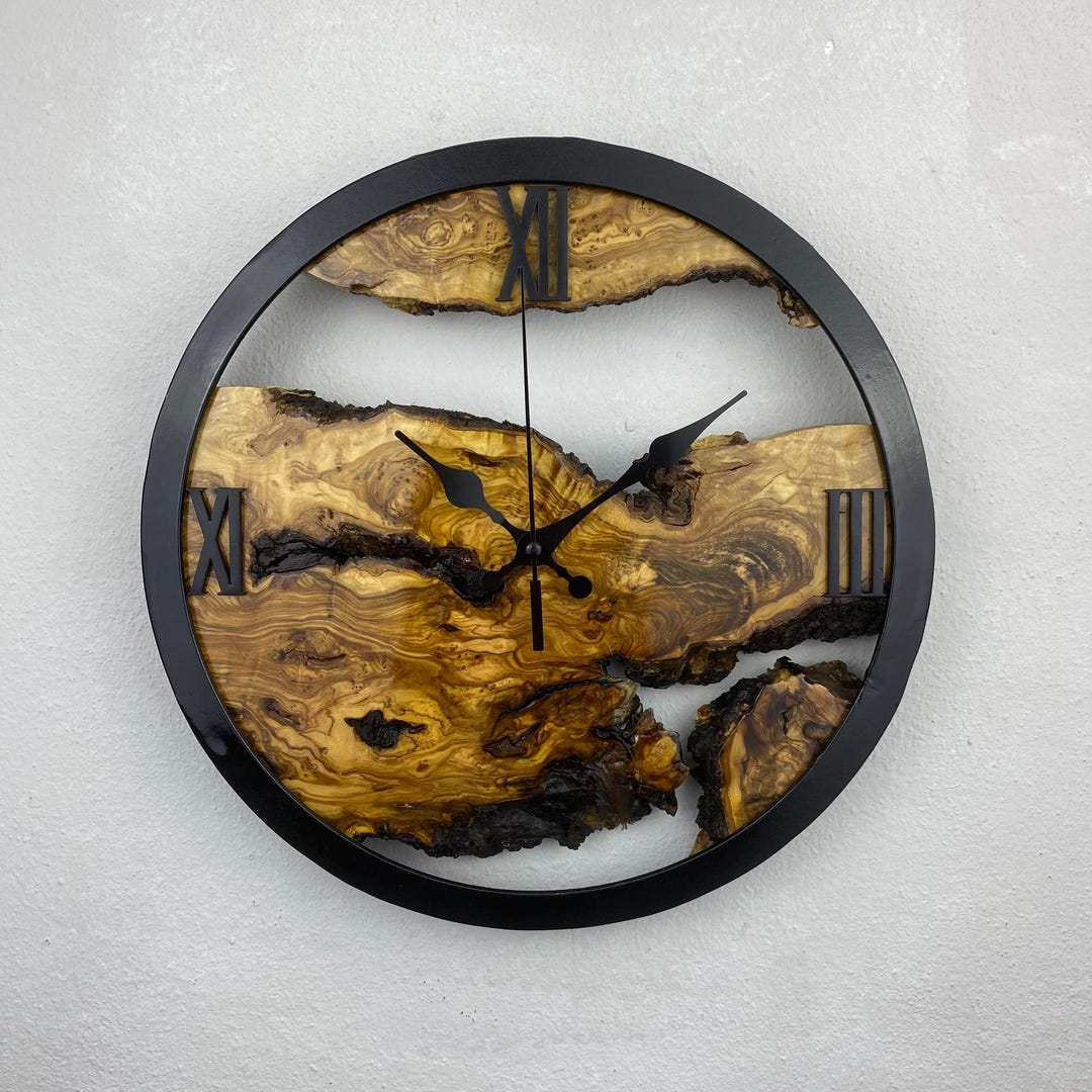 Custom Made Metal & Olive Wood Wall Clock, Large Wood Clock, Live Edge ...