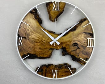 Custom Made Metal & Olive Wood Wall Clock, Large Wood Clock, Live Edge Rustic Clock, Wooden Wall Art, New Home Gift, Personalized Col Gift