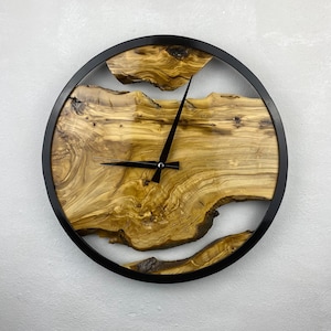 Custom Made Metal & Olive Wood Wall Clock, Large Wood Clock, Live Edge Rustic Clock, Wooden Wall Art, New Home Gift, Personalized Col Gift