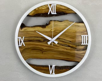 Custom Made Metal & Olive Wood Wall Clock, Large Wood Clock, Live Edge Rustic Clock, Wooden Wall Art, New Home Gift, Personalized Clock Gift