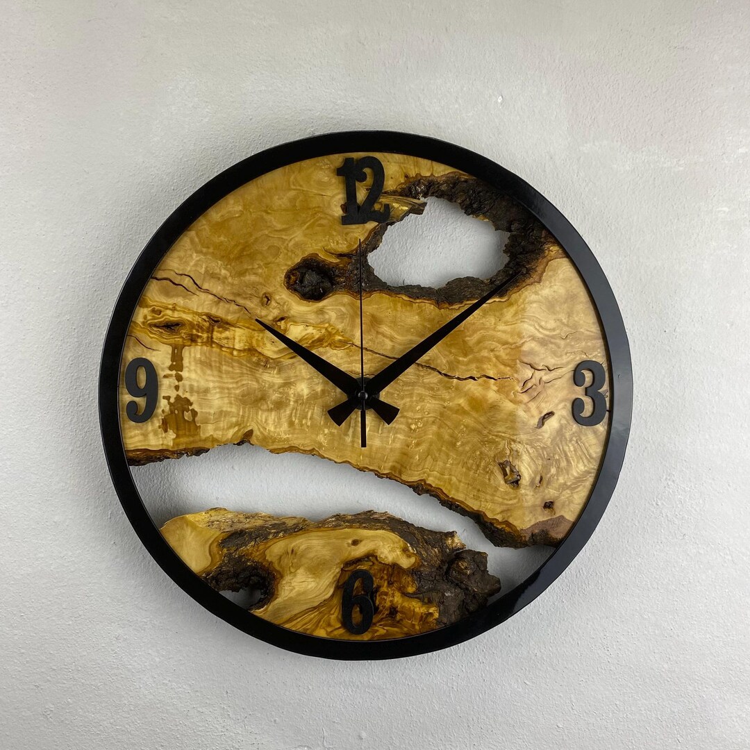Custom Made Metal & Olive Wood Wall Clock, Large Wood Clock, Live Edge ...