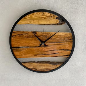 Custom Made Metal & Olive Wood Wall Clock, Large Wood Clock, Live Edge Rustic Clock, Wooden Wall Art, New Home Gift, Personalized Col Gift