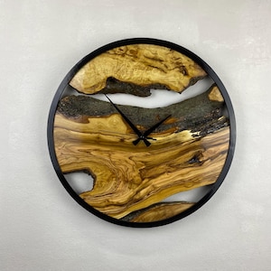 Custom Made Metal & Olive Wood Wall Clock, Large Wood Clock, Live Edge Rustic Clock, Wooden Wall Art, New Home Gift, Personalized Clock Gift