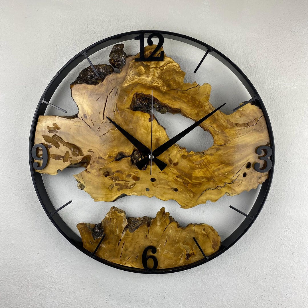 Custom Made Metal & Olive Wood Wall Clock, Large Wood Clock, Live Edge ...