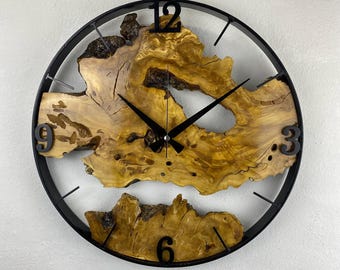 Custom Made Metal & Olive Wood Wall Clock, Large Wood Clock, Live Edge Rustic Clock, Wooden Wall Art, New Home Gift, Personalized Col Gift