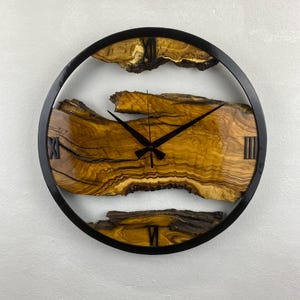 Custom Made Metal & Olive Wood Wall Clock, Large Wood Clock, Live Edge Rustic Clock, Wooden Wall Art, New Home Gift, Personalized Col Gift