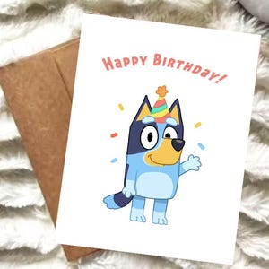 Bluey-verjaardagskaart | Leuke cartoongroet voor kinderen | A2-kaart | Bluey-feestkaart | Digitaal of fysiek