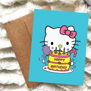 Leuke Hello Kitty-verjaardagskaart | 'Gefeliciteerd' | A2-kaart | Roze kittenkaart voor kinderen of vrienden | Personalisatie | Fysiek of digitaal