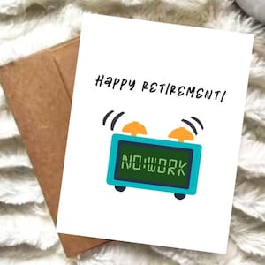 Biglietto di auguri per la pensione / Biglietto con sveglia senza lavoro / Biglietto A2 / Congratulazioni per la pensione / Saluto divertente per i colleghi / Cartaceo o digitale