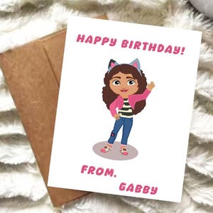 Cartão de aniversário inspirado na casa de bonecas da Gabby | Cartão infantil com tema de gato | Cartão A2 | Saudações fofas em tons pastéis | Físico ou digital