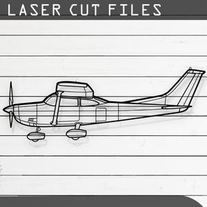 May include: A black and white line drawing of a small airplane, suitable for laser cutting. The image includes the file formats available for download: CDR, AI, SVG, DXF, and PDF.