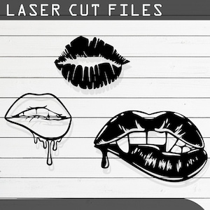 以下が含まれることがあります： 唇の白黒デジタルカットファイル3つ。1つ目はシンプルな閉じ口の唇、2つ目は垂れる開いた口の唇、3つ目は牙のある開いた口の唇。ファイルはCDR、AI、SVG、DXF、PDF形式で入手できます。