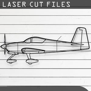 May include: A black and white line drawing of a small airplane, suitable for laser cutting. The image includes the text "LASER CUT FILES" at the top and icons for CDR, AI, SVG, DXF, and PDF file formats.