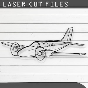May include: A black and white line art illustration of a small airplane. The image is labeled "Laser Cut Files" and includes file formats: CDR, AI, SVG, DXF, and PDF.