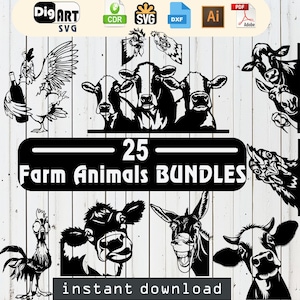 May include: Black and white digital art bundle featuring 25 farm animals. Includes illustrations of cows, chickens, donkeys, and more. The text "25 Farm Animals BUNDLES" is displayed prominently, with "instant download" below.