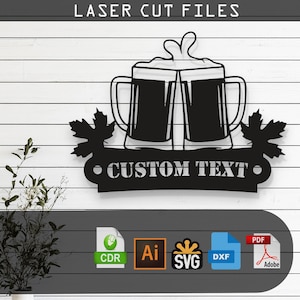 Könnte beinhalten: Schwarzes Laser-Schnittdesign aus Metall mit zwei Bierkrügen mit Schaumkrone, Ahornblättern und einem Banner mit der Aufschrift "CUSTOM TEXT". Das Design ist in den Formaten CDR, AI, SVG, DXF und PDF verfügbar.