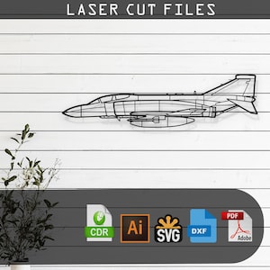 May include: A black and white line art illustration of a fighter jet, with the text "LASER CUT FILES" at the top of the image. Below the jet are icons for various file formats, including CDR, AI, SVG, DXF, and PDF.