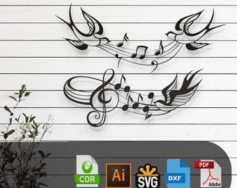 Diseño de corte láser de notas musicales decorativas y pájaros: archivos SVG, DXF, Ai y PDF Glowforge, Cricut, CNC, decoración de pared, descarga digital instantánea